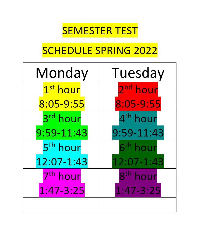 Sem test schedule